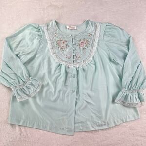Barbizon Mint Green Vintage Pajama Sleepwear Top Embroidered Flowers Size M/L